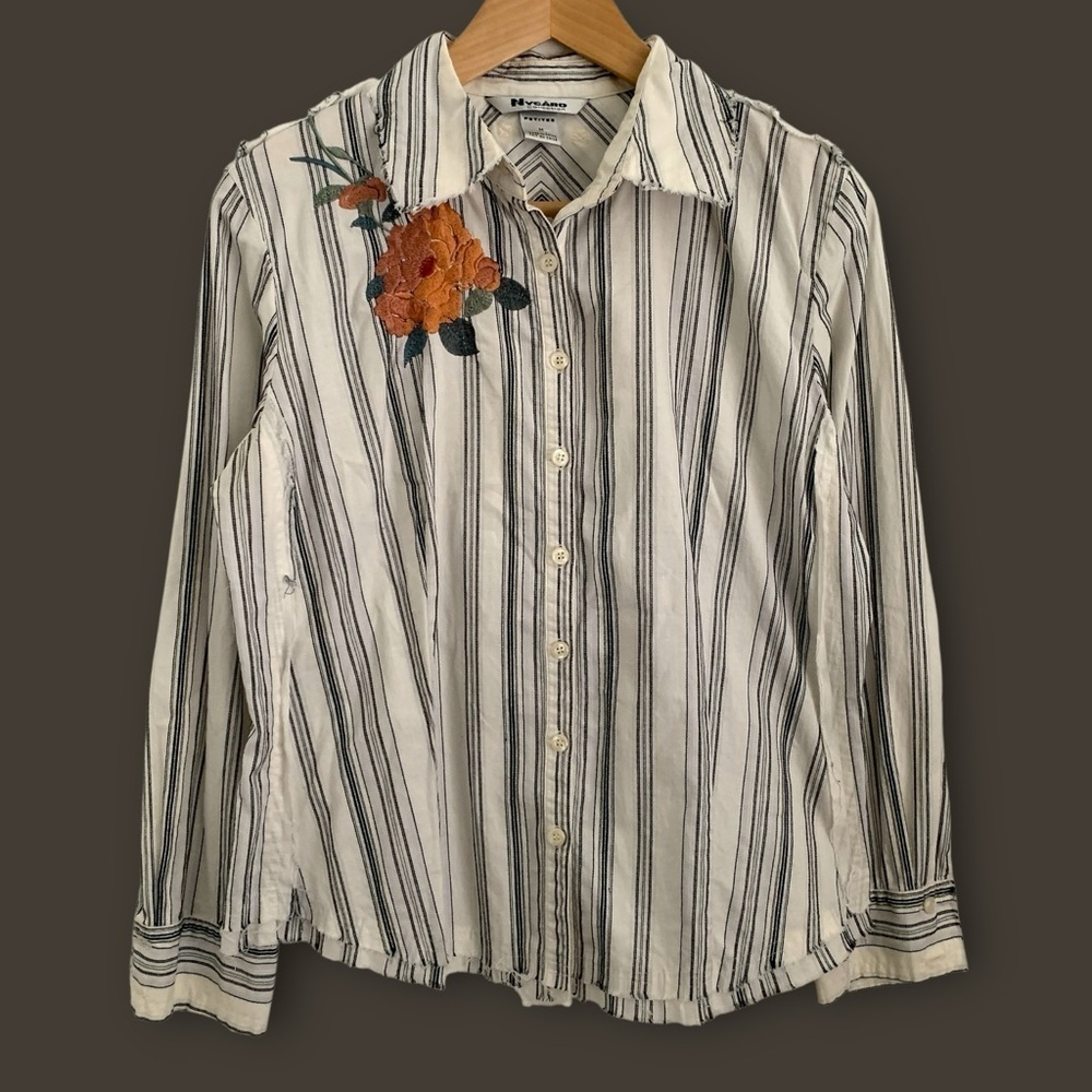 Vintage 90s Y2K Nygard Striped Embroidered Dristressed Shirt - Picture 3 of 10